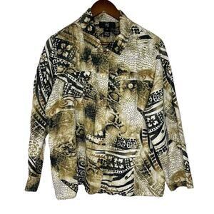 IOS Silk Linen Snake Skin Print Artsy Long Sleeve Shirt Blouse Plus 1X Women
